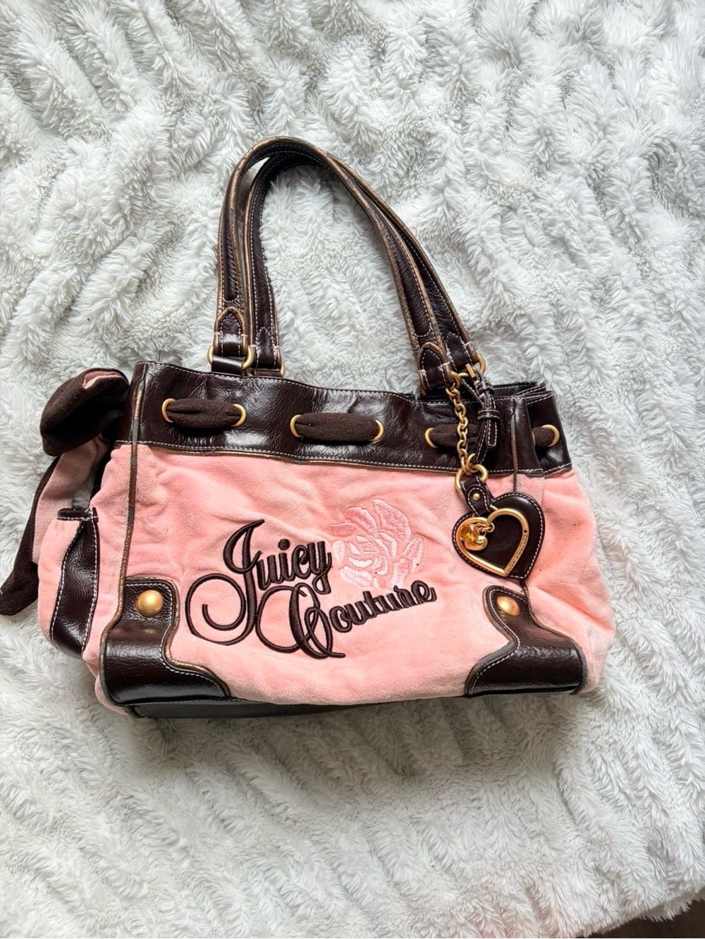 Juicy Couture Pink Suede & Brown Leather Shoulder Bag with Heart Charm
